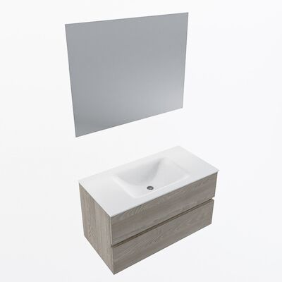 MONDIAZ VICA 90cm badmeubel onderkast Light Brown Grey 2 lades. Wastafel CLOUD midden zonder kraangat, kleur Talc met spiegel LED.