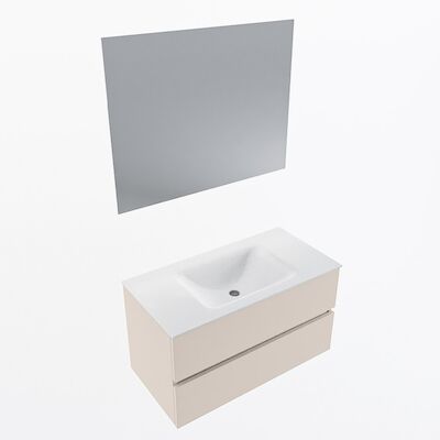 MONDIAZ VICA 90cm badmeubel onderkast Linen 2 lades. Wastafel CLOUD midden zonder kraangat, kleur Talc met spiegel LED.