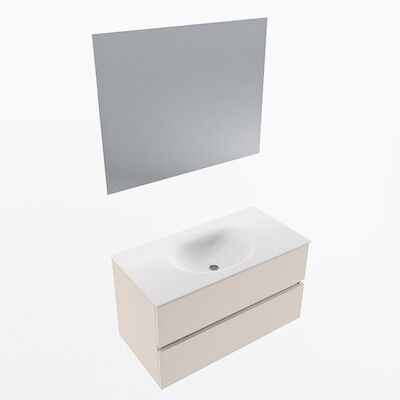 MONDIAZ VICA 90cm badmeubel onderkast Linen 2 lades. Wastafel Moon midden zonder kraangat, kleur Talc met spiegel LED.