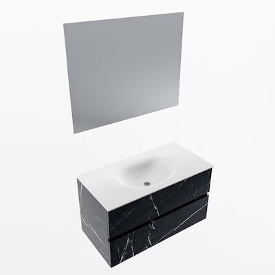 MONDIAZ VICA 90cm badmeubel onderkast Marquina 2 lades. Wastafel Moon midden 1 kraangat, kleur Talc met spiegel LED.