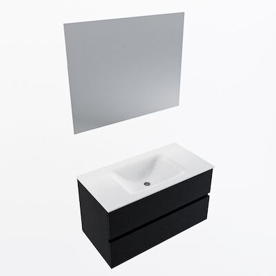 MONDIAZ VICA 90cm badmeubel onderkast Urban 2 lades. Wastafel CLOUD midden 1 kraangat, kleur Talc met spiegel LED.