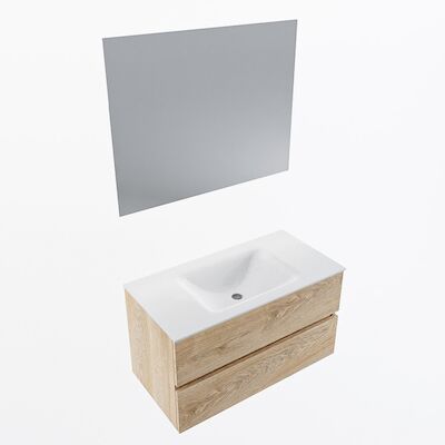MONDIAZ VICA 90cm badmeubel onderkast Washed Oak 2 lades. Wastafel CLOUD midden 1 kraangat, kleur Talc met spiegel LED.