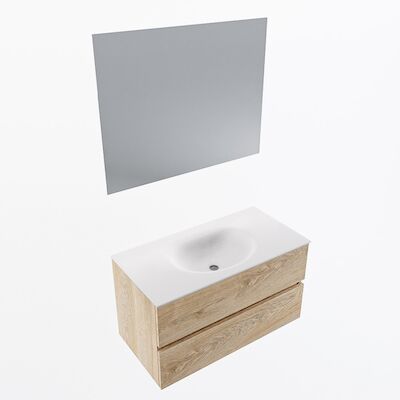MONDIAZ VICA 90cm badmeubel onderkast Washed Oak 2 lades. Wastafel Moon midden 1 kraangat, kleur Talc met spiegel LED.