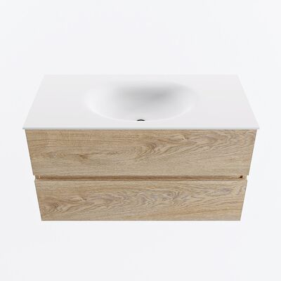 MONDIAZ VICA 90cm badmeubel onderkast Washed Oak 2 lades. Wastafel MOON midden 1 kraangat, kleur Talc.