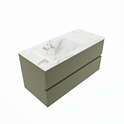 MONDIAZ VICA-DLUX 100cm badmeubel onderkast Army 2 lades. Inbouw wastafel CLOUD links zonder kraangat, kleur Frappe, en spiegel model SPOT