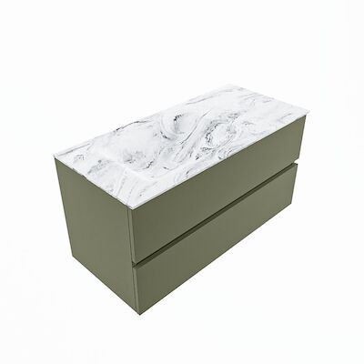 MONDIAZ VICA-DLUX 100cm badmeubel onderkast Army 2 lades. Inbouw wastafel CLOUD links zonder kraangat, kleur Glace, en spiegel model SPOT