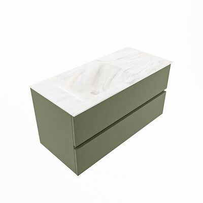 MONDIAZ VICA-DLUX 100cm badmeubel onderkast Army 2 lades. Inbouw wastafel CLOUD links zonder kraangat, kleur Ostra, en spiegel model SPOT