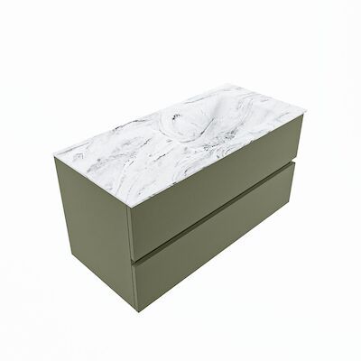 MONDIAZ VICA-DLUX 100cm badmeubel onderkast Army 2 lades. Inbouw wastafel CLOUD rechts 1 kraangat, kleur Glace, en spiegel model SPOT