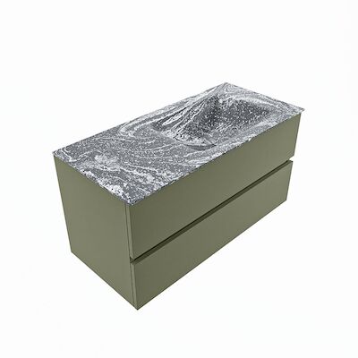 MONDIAZ VICA-DLUX 100cm badmeubel onderkast Army 2 lades. Inbouw wastafel CLOUD rechts 1 kraangat, kleur Lava, en spiegel model SPOT
