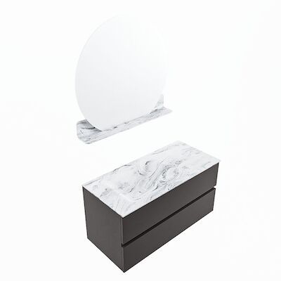 MONDIAZ VICA-DLUX 100cm badmeubel onderkast Dark grey 2 lades. Inbouw wastafel CLOUD links 1 kraangat, kleur Glace, en spiegel model SPOT