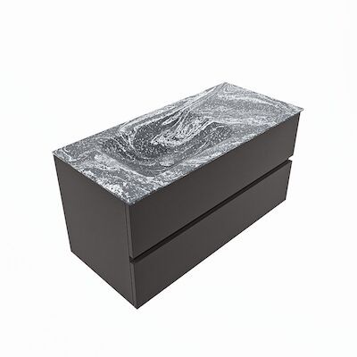 MONDIAZ VICA-DLUX 100cm badmeubel onderkast Dark grey 2 lades. Inbouw wastafel CLOUD links 1 kraangat, kleur Lava, en spiegel model SPOT