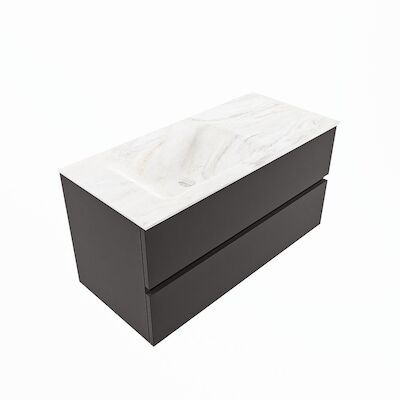 MONDIAZ VICA-DLUX 100cm badmeubel onderkast Dark grey 2 lades. Inbouw wastafel CLOUD links 1 kraangat, kleur Ostra, en spiegel model SPOT