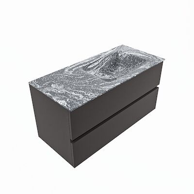 MONDIAZ VICA-DLUX 100cm badmeubel onderkast Dark grey 2 lades. Inbouw wastafel CLOUD rechts 1 kraangat, kleur Lava, en spiegel model SPOT