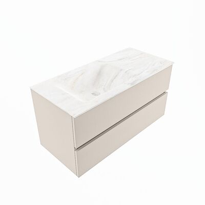MONDIAZ VICA-DLUX 100cm badmeubel onderkast Linen 2 lades. Inbouw wastafel CLOUD links 1 kraangat, kleur Ostra, en spiegel model SPOT