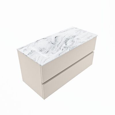 MONDIAZ VICA-DLUX 100cm badmeubel onderkast Linen 2 lades. Inbouw wastafel CLOUD links zonder kraangat, kleur Glace, en spiegel model SPOT