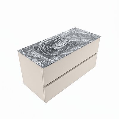 MONDIAZ VICA-DLUX 100cm badmeubel onderkast Linen 2 lades. Inbouw wastafel CLOUD links zonder kraangat, kleur Lava, en spiegel model SPOT