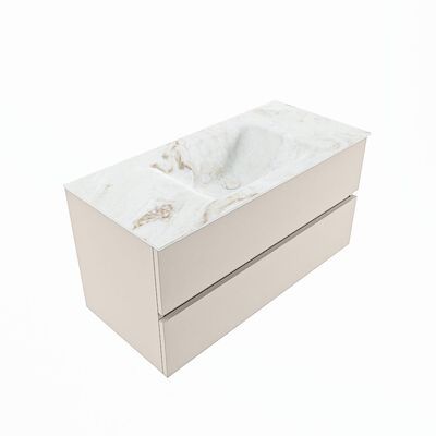 MONDIAZ VICA-DLUX 100cm badmeubel onderkast Linen 2 lades. Inbouw wastafel CLOUD midden zonder kraangat, kleur Frappe, en spiegel model SPOT