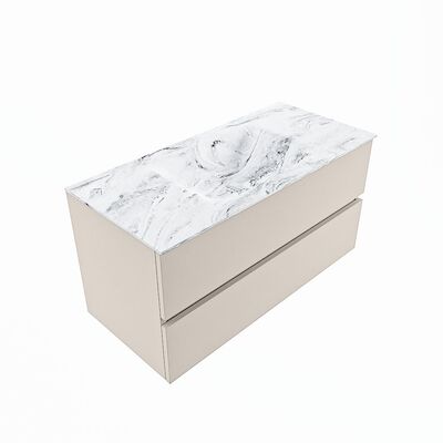 MONDIAZ VICA-DLUX 100cm badmeubel onderkast Linen 2 lades. Inbouw wastafel CLOUD midden zonder kraangat, kleur Glace, en spiegel model SPOT