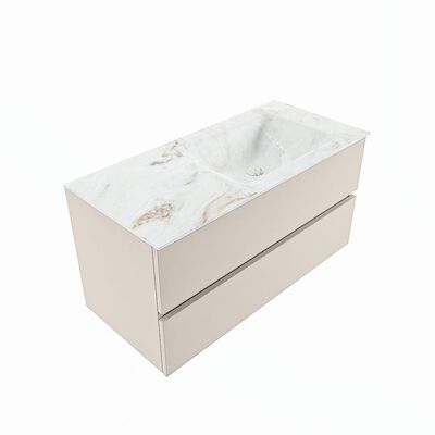 MONDIAZ VICA-DLUX 100cm badmeubel onderkast Linen 2 lades. Inbouw wastafel CLOUD rechts 1 kraangat, kleur Frappe, en spiegel model SPOT