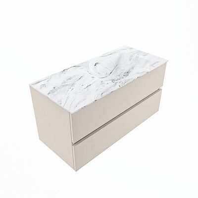 MONDIAZ VICA-DLUX 100cm badmeubel onderkast Linen 2 lades. Inbouw wastafel CLOUD rechts zonder kraangat, kleur Glace, en spiegel model SPOT