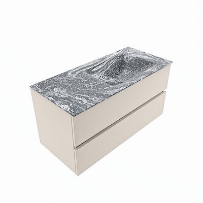 MONDIAZ VICA-DLUX 100cm badmeubel onderkast Linen 2 lades. Inbouw wastafel CLOUD rechts zonder kraangat, kleur Lava, en spiegel model SPOT