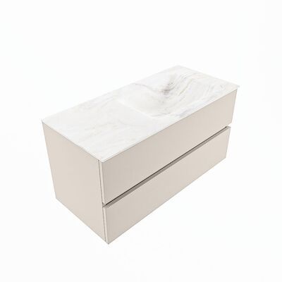MONDIAZ VICA-DLUX 100cm badmeubel onderkast Linen 2 lades. Inbouw wastafel CLOUD rechts zonder kraangat, kleur Ostra, en spiegel model SPOT