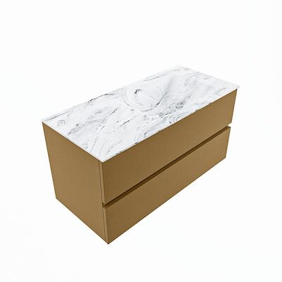 MONDIAZ VICA-DLUX 100cm badmeubel onderkast Oro 2 lades. Inbouw wastafel CLOUD rechts 1 kraangat, kleur Glace, en spiegel model SPOT