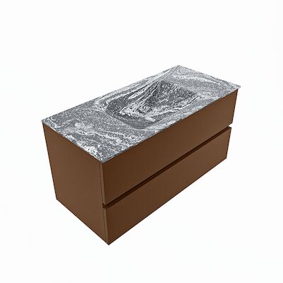 MONDIAZ VICA-DLUX 100cm badmeubel onderkast Rust 2 lades. Inbouw wastafel CLOUD midden zonder kraangat, kleur Lava, en spiegel model SPOT