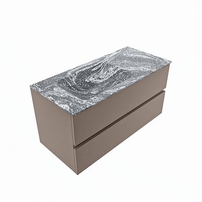 MONDIAZ VICA-DLUX 100cm badmeubel onderkast Smoke 2 lades. Inbouw wastafel CLOUD links 1 kraangat, kleur Lava, en spiegel model SPOT