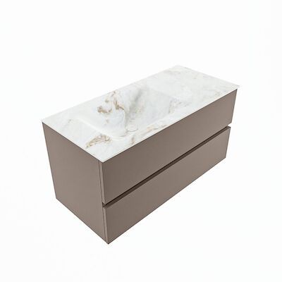 MONDIAZ VICA-DLUX 100cm badmeubel onderkast Smoke 2 lades. Inbouw wastafel CLOUD links zonder kraangat, kleur Frappe, en spiegel model SPOT