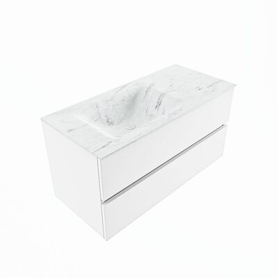 MONDIAZ VICA-DLUX 100cm badmeubel onderkast Talc 2 lades. Inbouw wastafel CLOUD links zonder kraangat, kleur Opalo, en spiegel model SPOT