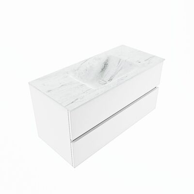 MONDIAZ VICA-DLUX 100cm badmeubel onderkast Talc 2 lades. Inbouw wastafel CLOUD midden 1 kraangat, kleur Opalo, en spiegel model SPOT