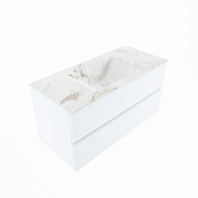 MONDIAZ VICA-DLUX 100cm badmeubel onderkast Talc 2 lades. Inbouw wastafel CLOUD midden zonder kraangat, kleur Frappe, en spiegel model SPOT