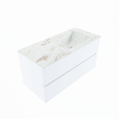 MONDIAZ VICA-DLUX 100cm badmeubel onderkast Talc 2 lades. Inbouw wastafel CLOUD rechts 1 kraangat, kleur Frappe, en spiegel model SPOT