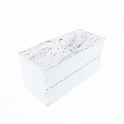 MONDIAZ VICA-DLUX 100cm badmeubel onderkast Talc 2 lades. Inbouw wastafel CLOUD rechts 1 kraangat, kleur Glace, en spiegel model SPOT