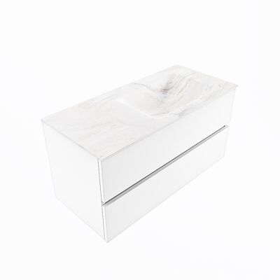 MONDIAZ VICA-DLUX 100cm badmeubel onderkast Talc 2 lades. Inbouw wastafel CLOUD rechts zonder kraangat, kleur Ostra, en spiegel model SPOT