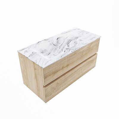 MONDIAZ VICA-DLUX 100cm badmeubel onderkast Washed Oak 2 lades. Inbouw wastafel CLOUD links 1 kraangat, kleur Glace, en spiegel model SPOT