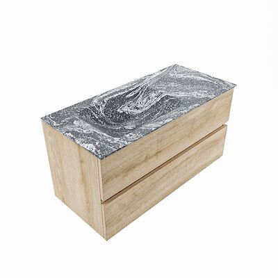 MONDIAZ VICA-DLUX 100cm badmeubel onderkast Washed Oak 2 lades. Inbouw wastafel CLOUD links 1 kraangat, kleur Lava, en spiegel model SPOT