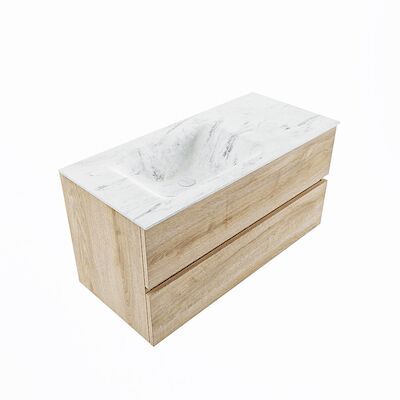 MONDIAZ VICA-DLUX 100cm badmeubel onderkast Washed Oak 2 lades. Inbouw wastafel CLOUD links zonder kraangat, kleur Opalo, en spiegel model SPOT