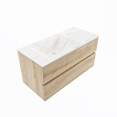 MONDIAZ VICA-DLUX 100cm badmeubel onderkast Washed Oak 2 lades. Inbouw wastafel CLOUD links zonder kraangat, kleur Ostra, en spiegel model SPOT