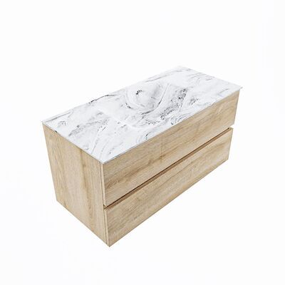 MONDIAZ VICA-DLUX 100cm badmeubel onderkast Washed Oak 2 lades. Inbouw wastafel CLOUD midden 1 kraangat, kleur Glace, en spiegel model SPOT