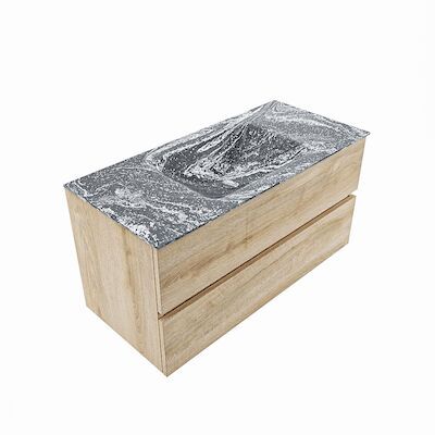 MONDIAZ VICA-DLUX 100cm badmeubel onderkast Washed Oak 2 lades. Inbouw wastafel CLOUD midden 1 kraangat, kleur Lava, en spiegel model SPOT