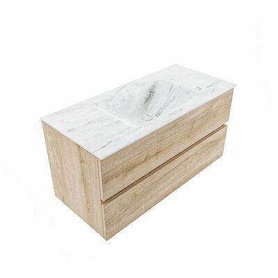 MONDIAZ VICA-DLUX 100cm badmeubel onderkast Washed Oak 2 lades. Inbouw wastafel CLOUD midden zonder kraangat, kleur Opalo, en spiegel model SPOT