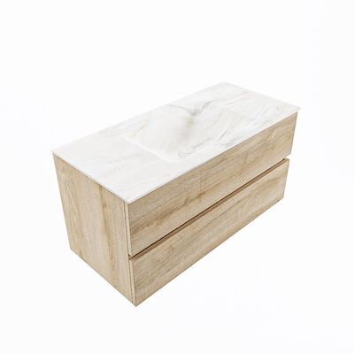 MONDIAZ VICA-DLUX 100cm badmeubel onderkast Washed Oak 2 lades. Inbouw wastafel CLOUD midden zonder kraangat, kleur Ostra, en spiegel model SPOT