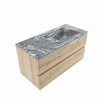 MONDIAZ VICA-DLUX 100cm badmeubel onderkast Washed Oak 2 lades. Inbouw wastafel CLOUD rechts 1 kraangat, kleur Lava, en spiegel model SPOT