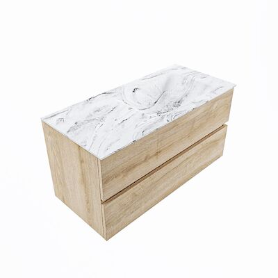 MONDIAZ VICA-DLUX 100cm badmeubel onderkast Washed Oak 2 lades. Inbouw wastafel CLOUD rechts zonder kraangat, kleur Glace, en spiegel model SPOT