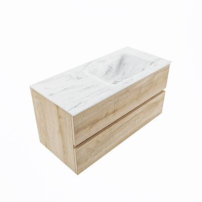 MONDIAZ VICA-DLUX 100cm badmeubel onderkast Washed Oak 2 lades. Inbouw wastafel CLOUD rechts zonder kraangat, kleur Opalo, en spiegel model SPOT
