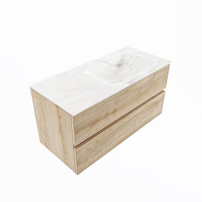 MONDIAZ VICA-DLUX 100cm badmeubel onderkast Washed Oak 2 lades. Inbouw wastafel CLOUD rechts zonder kraangat, kleur Ostra, en spiegel model SPOT