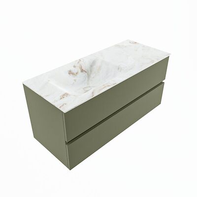 MONDIAZ VICA-DLUX 110cm badmeubel onderkast Army 2 lades. Inbouw wastafel CLOUD links zonder kraangat, kleur Frappe, en spiegel model SPOT