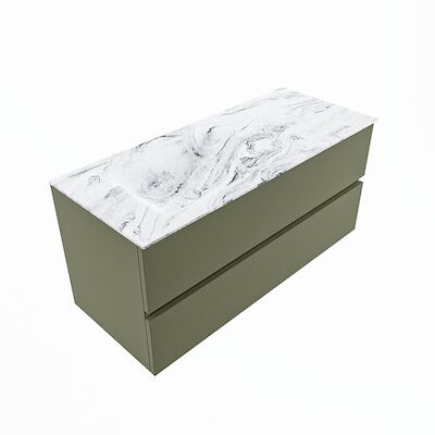 MONDIAZ VICA-DLUX 110cm badmeubel onderkast Army 2 lades. Inbouw wastafel CLOUD links zonder kraangat, kleur Glace, en spiegel model SPOT